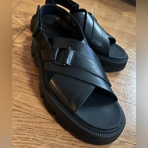 Sorel Black Leather Platform Sandals